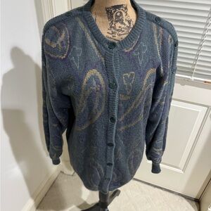 Escada vintage exquisite Cardigan - olivish Blue & mustard - Made in Germany M/L